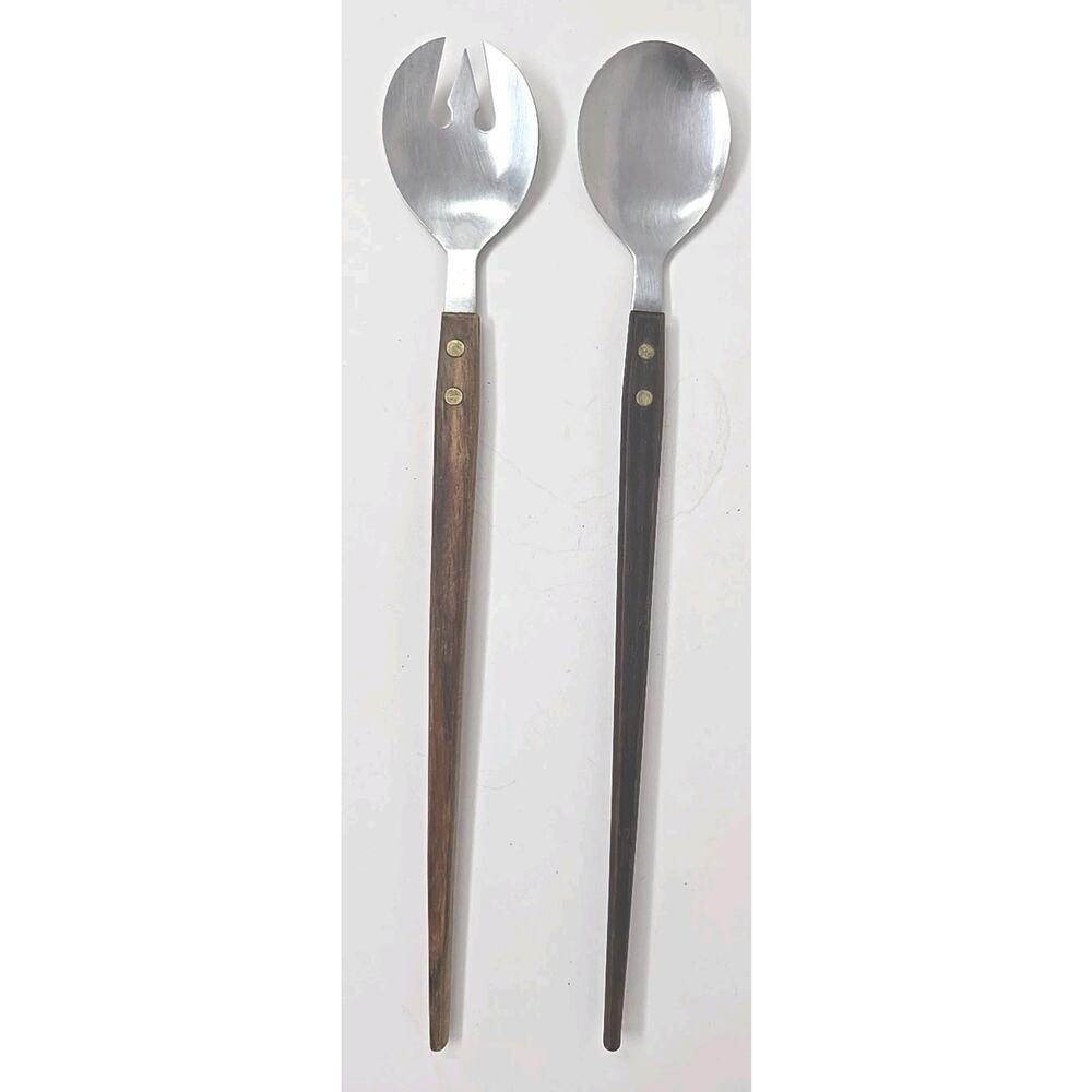 Vtg MCM Danish Style Teak Wood Handle Salad Serving Utensils Arnart Japan U307